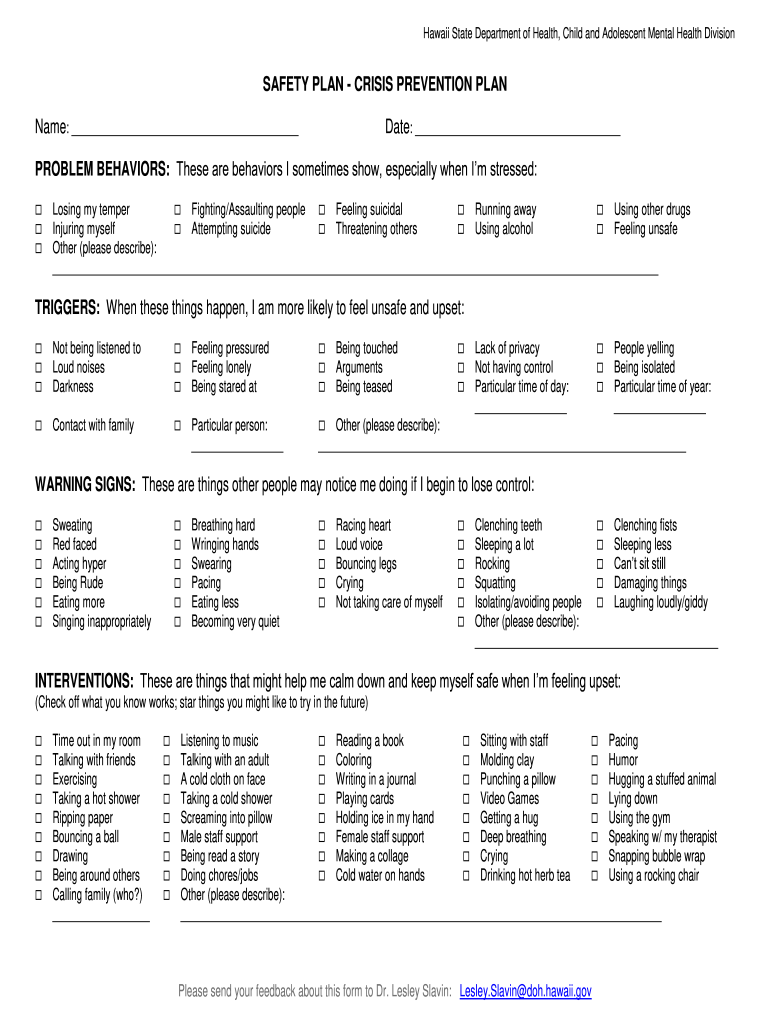 Safety Plan Crisis Prevention Plan Hawaii  Form