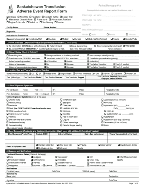 Provincial Model Template Transfusion Reaction Reporting Form with BC Saskblood