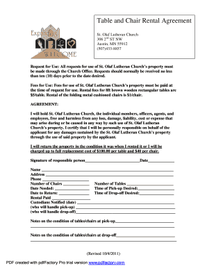 Table and Chair Rental Agreement Template  Form