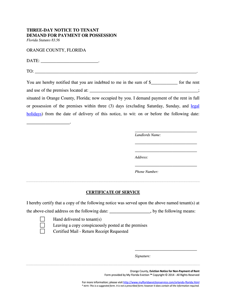Orange County Eviction Notice for Non Payment of Rent Statutory Eviction Notice for Use in Orange County, Florida  Form