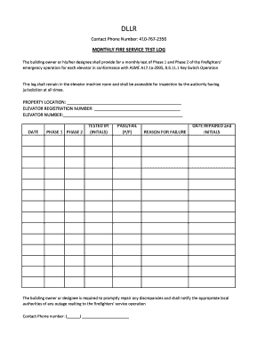 Monthly Elevator Fire Service Test Log  Form