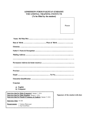 ADMISSION FORM PAKISTAN EMBASSY VOCATIONAL TRAINING