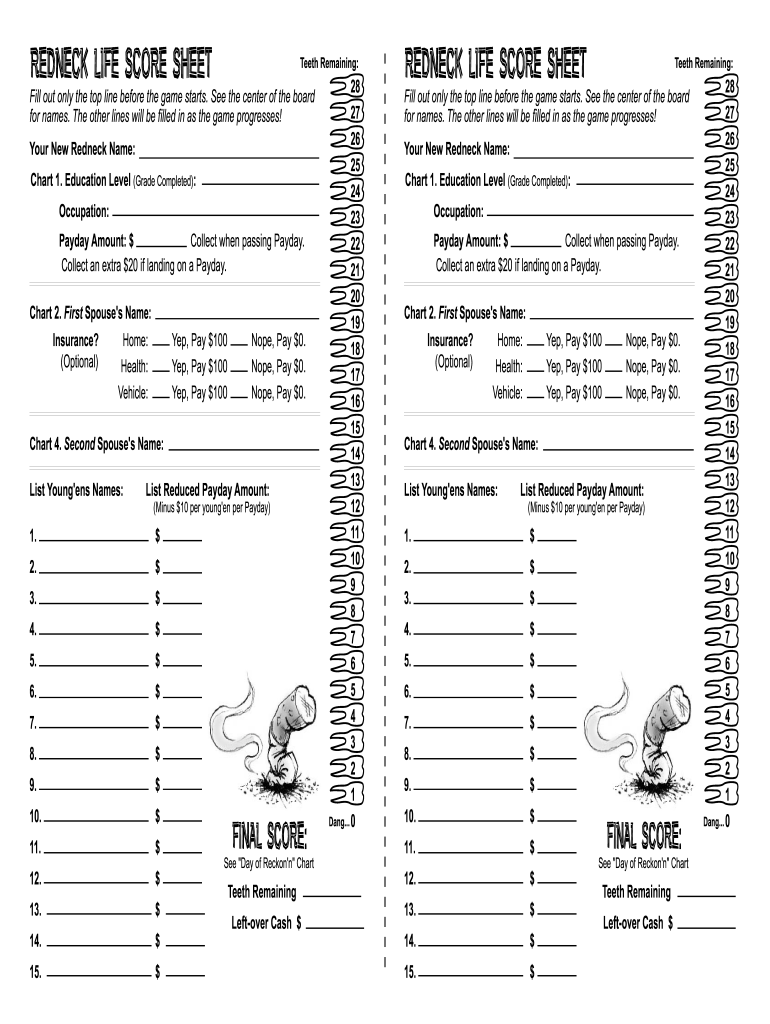 Redneck Life Score Sheet  Form
