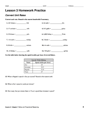 Lesson 3 Homework Practice Convert Unit Rates  Form