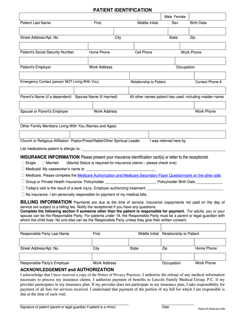 Get and Sign Patient ID Sheet DOC 2008-2022 Form