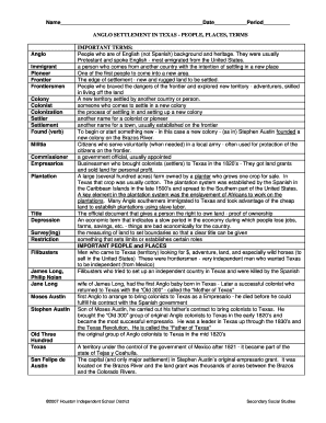 Anglo Settlement in Texas People Places Terms Answers  Form