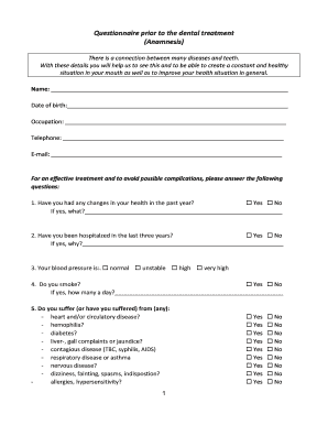Questionnaire Prior to the Dental Treatment Anamnesis  Form