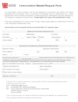  Immunization Record Request Form Arizona Department of Health 2016