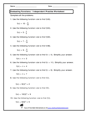 Evaluating Functions Word Problems Worksheet PDF  Form