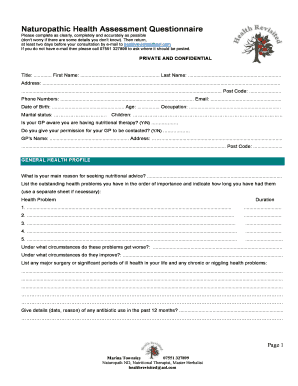 Naturopathic Health Assessment Questionnaire Nutritional  Form