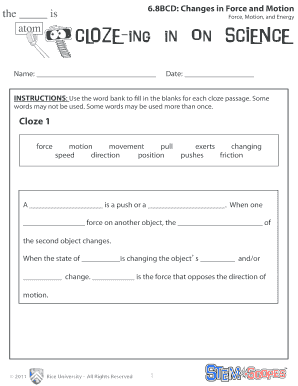 Cloze Ing in on Science Force and Motion Answers  Form