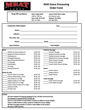 Deer Processing Order Forms