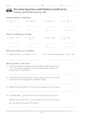 One Step Equations with Rational Coefficients Lesson 6 2 Answer Key  Form