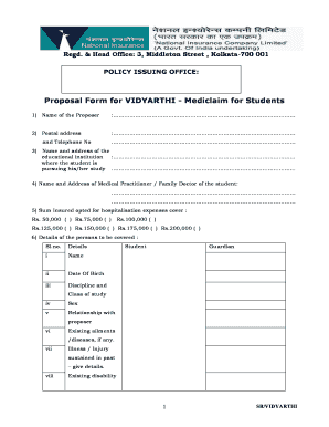 Proposal Form for VIDYARTHI Mediclaim for Students