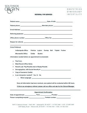REFERRAL for SERVICES Southside OBGYN  Form