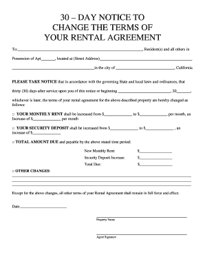 30 DAY NOTICE to CHANGE the TERMS of YOUR RENTAL AGREEMENT to , Residents and All Others in Possession of Apt , Located at Stree  Form