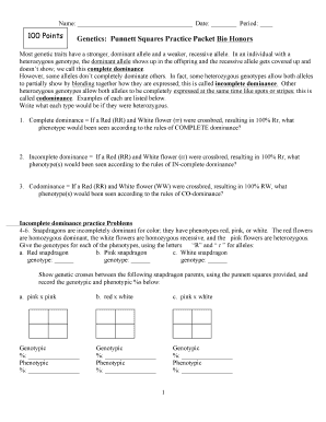 Genetics Punnett Squares Practice Packet Ness Pap Biology  Form