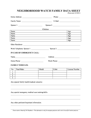 Family Data Sheet  Form