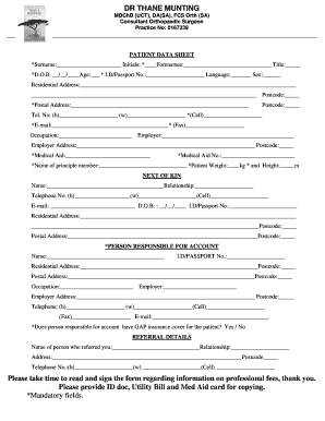 Patient Data Sheet  Form