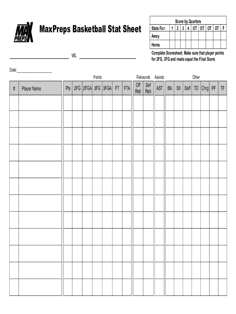 Maxpreps Basketball Stat Sheet Printable  Form