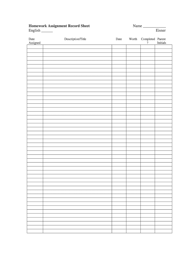 Homework Assignment Record Sheet Mr Eisner&amp;#039;s Class  Form