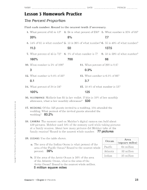 Lesson 3 Homework Practice the Percent Proportion  Form
