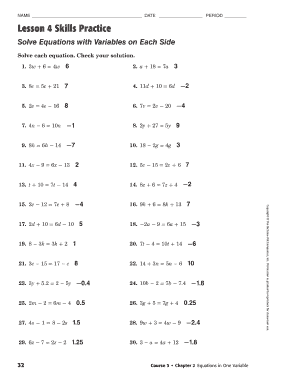 Lesson 4 Skills Practice Solve Equations with Variables on Each Side  Form