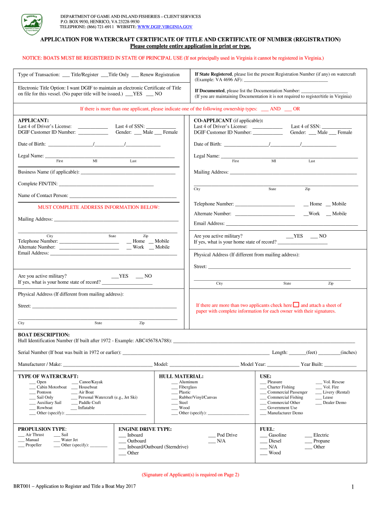 Virginia Application Watercraft Certificate  Form
