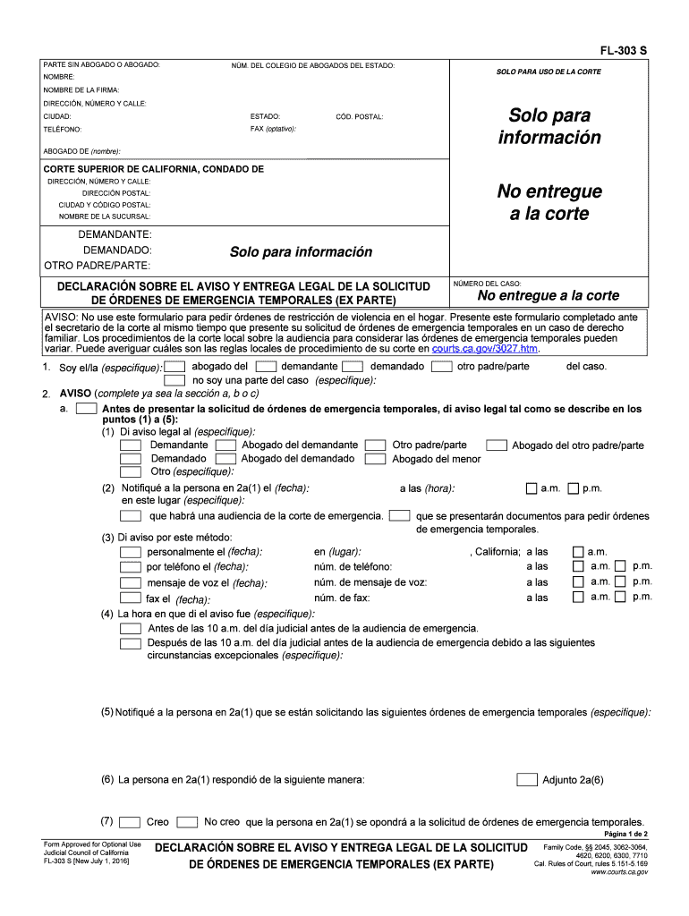  FL 303 S Declaration Regarding Notice and Service of Request for Temporary Emergency Ex Parte Orders Spanish Judicial Counc 2016