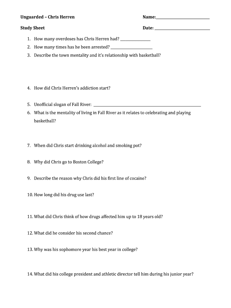 Unguarded the Chris Herren Story Worksheet  Form