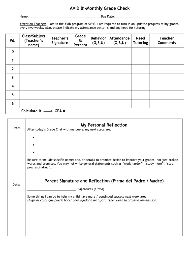 Avid Grade Check Form