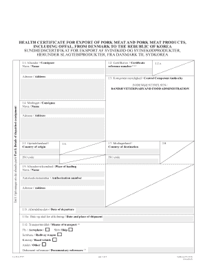 Health Certificate for Export of Pork Meat and Pork Meat Products  Form