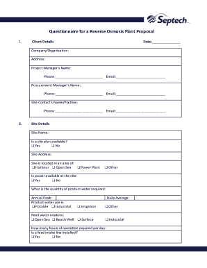 Questionnaire for a Reverse Osmosis Plant Proposal Dubai  Form