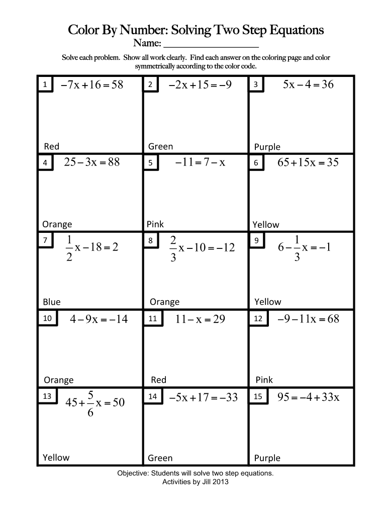 Color by Number Solving Two Step Equations  Form