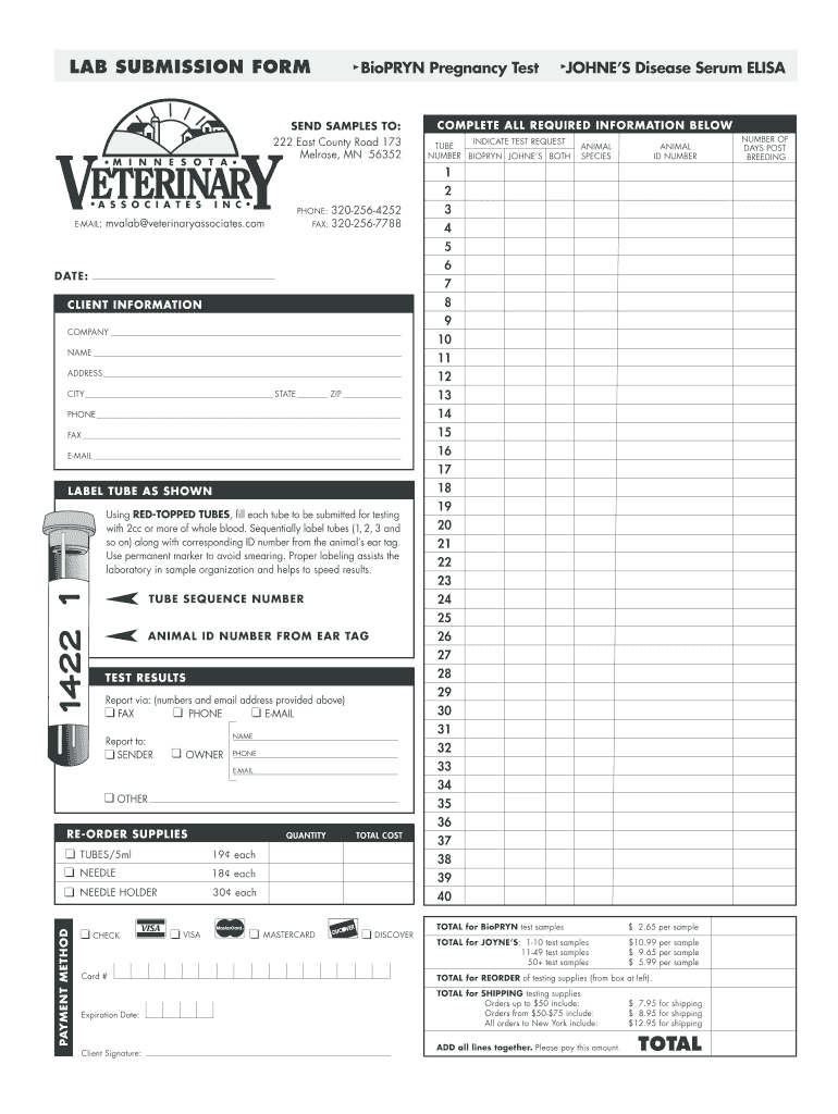 LAB SUBMISSION FORM BioPRYN Pregnancy Test JOHNES Disease