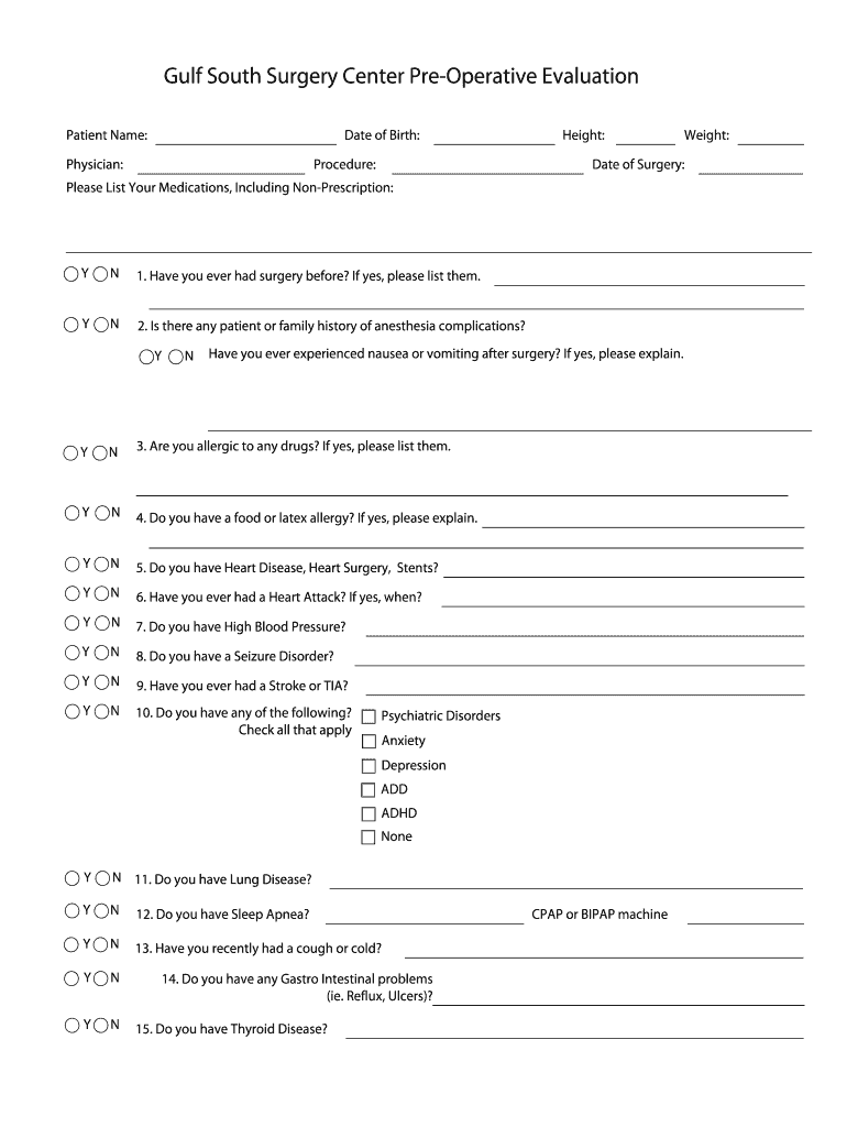 Gulf South Surgery Center Pre Operative Evaluation  Form