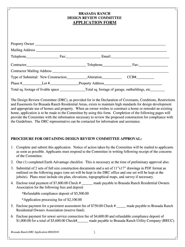  BRASADA RANCH DESIGN REVIEW COMMITTEE APPLICATION FORM 2010-2024