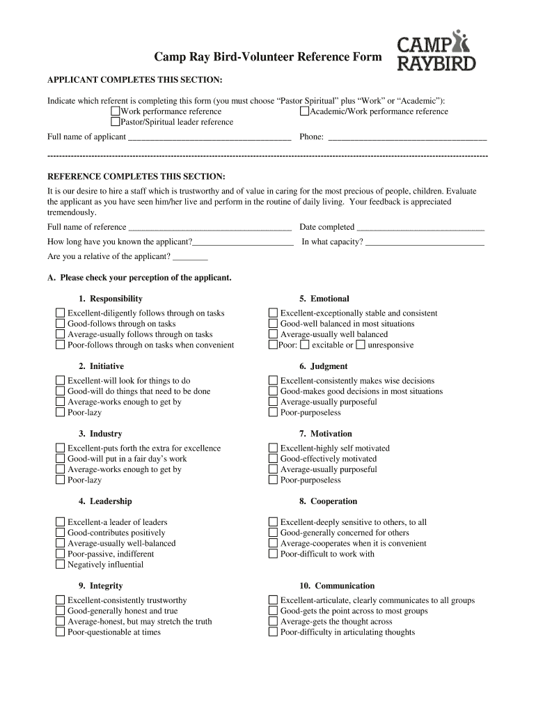 Camp Ray Bird Volunteer Reference Form