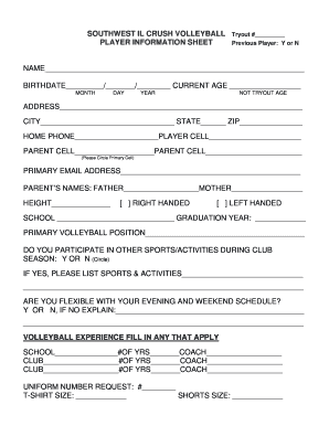 Get and Sign Crush Player Info Sheet  SWI Crush Volleyball  Form