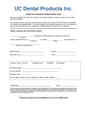 One Time Credit Card Payment Authorization Form UC Dental
