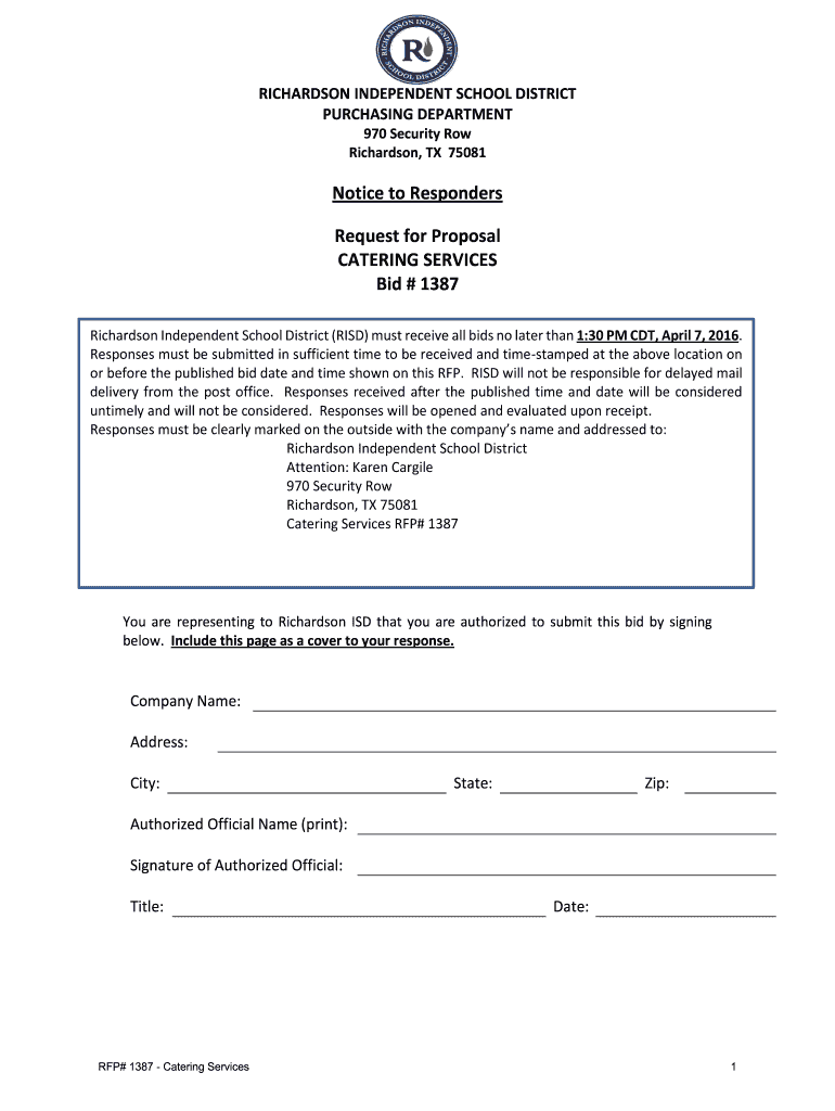 Notice to Responders Request for Proposal CATERING Risd  Form