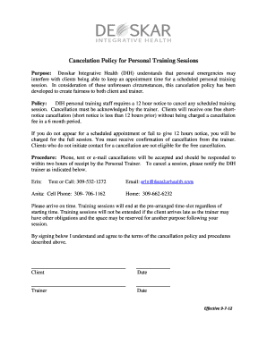 Personal Training Cancellation Policy Template  Form