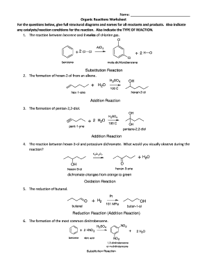 Organic Chemistry Reactions Worksheet with Answers PDF  Form