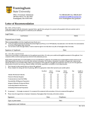  Letters of Recommendation with Cover Forms Framingham State 2014