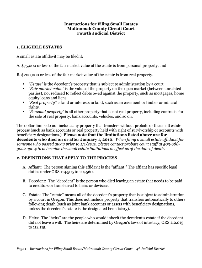 Multnomah County Small Estate Affidavit  Form