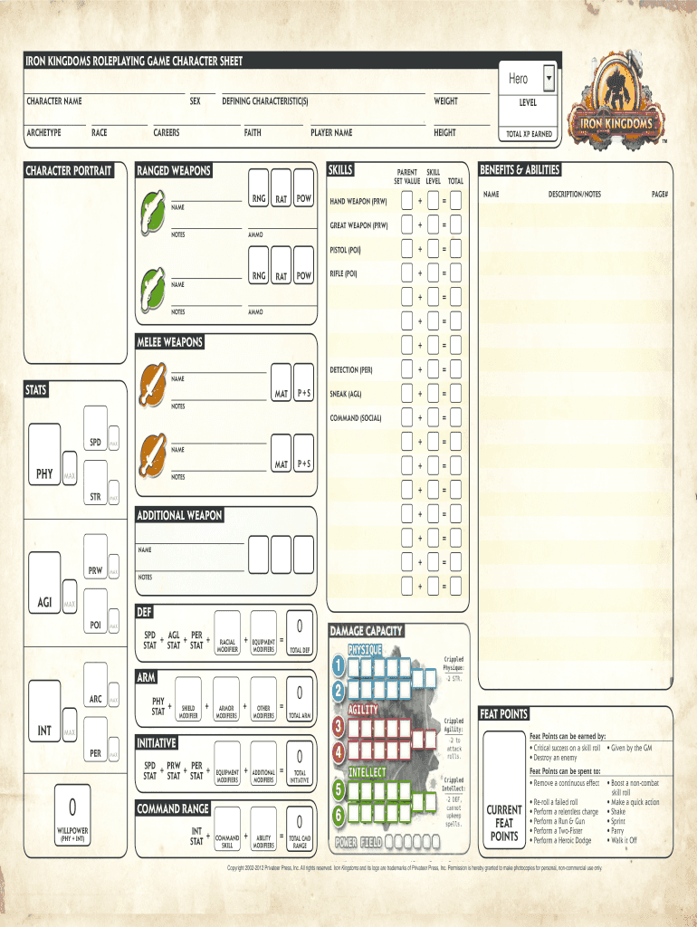 Iron Kingdoms Requiem Character Sheet  Form