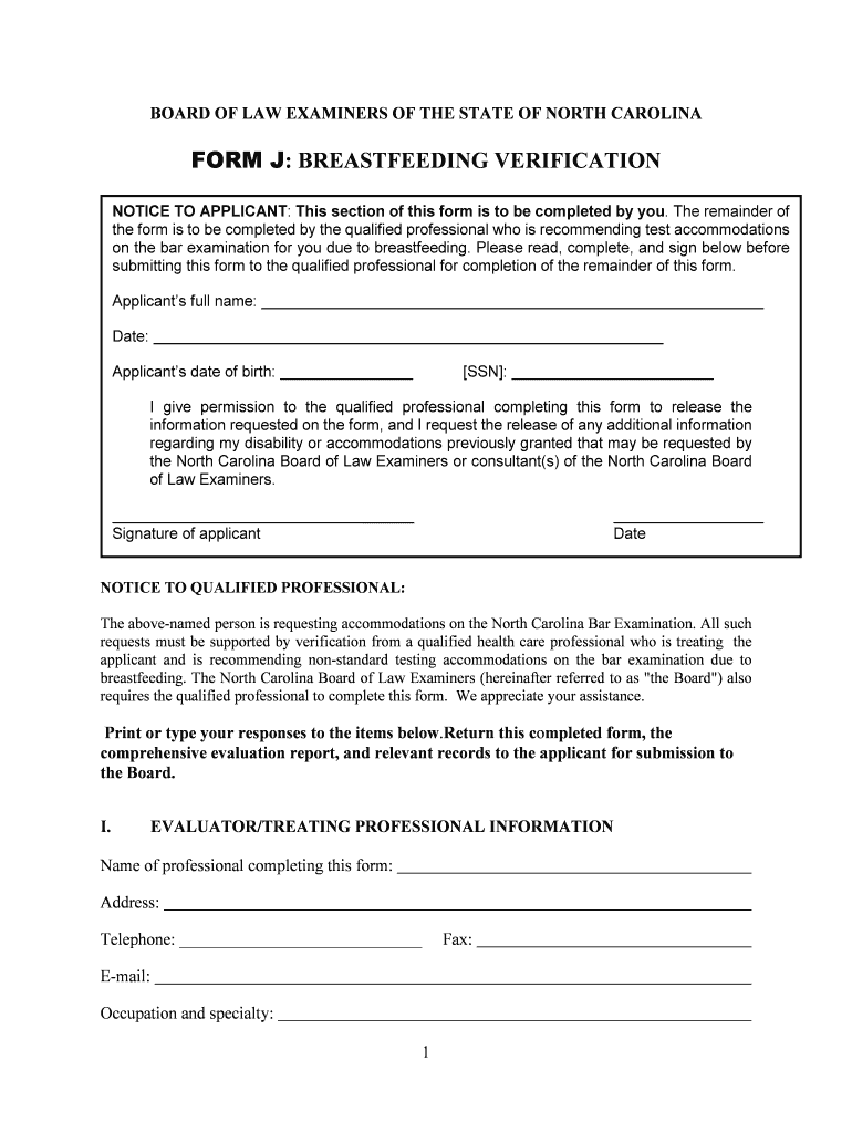 Form J Breastfeeding Verification North Carolina Board of Law