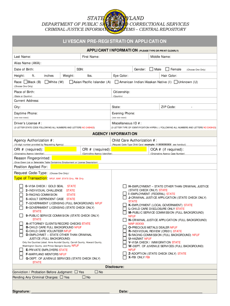 State of Maryland Livescan Pre Registration Application  Form
