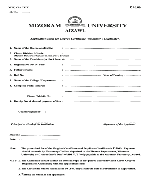 Mizoram University Degree Certificate  Form