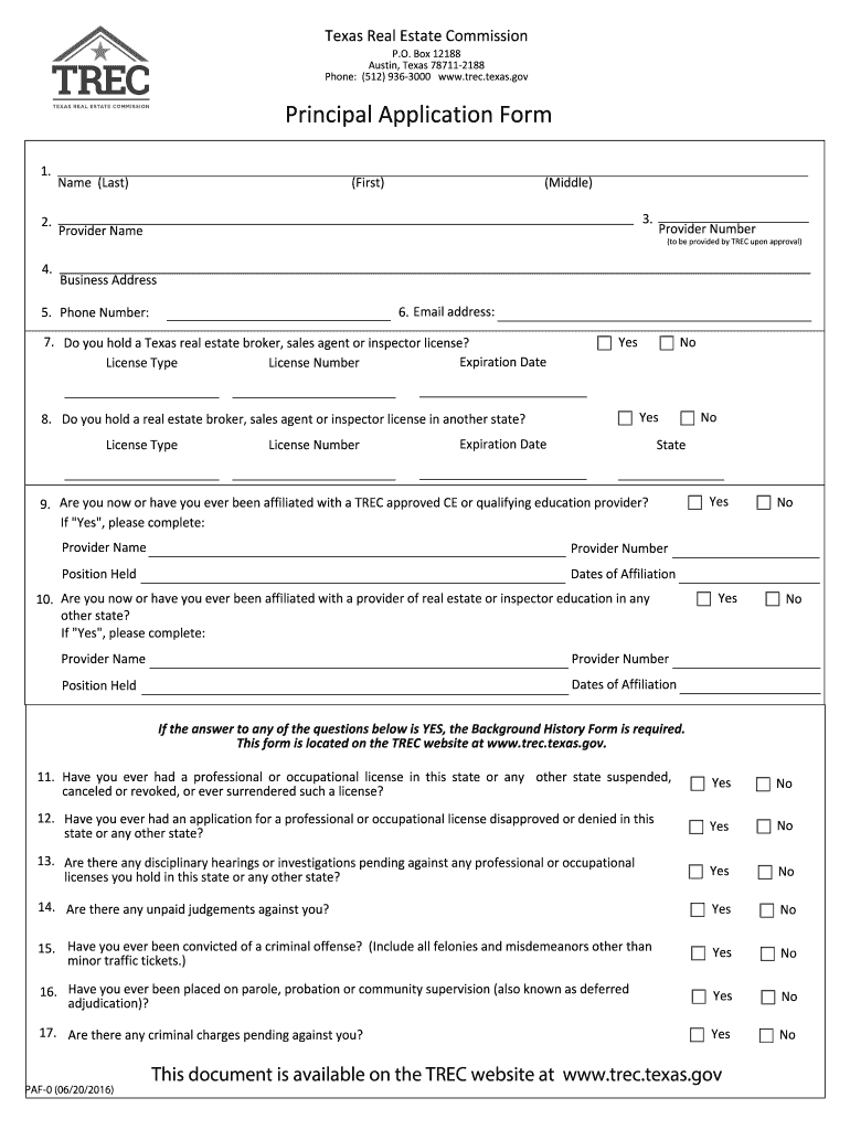 Texas Principal Application Form